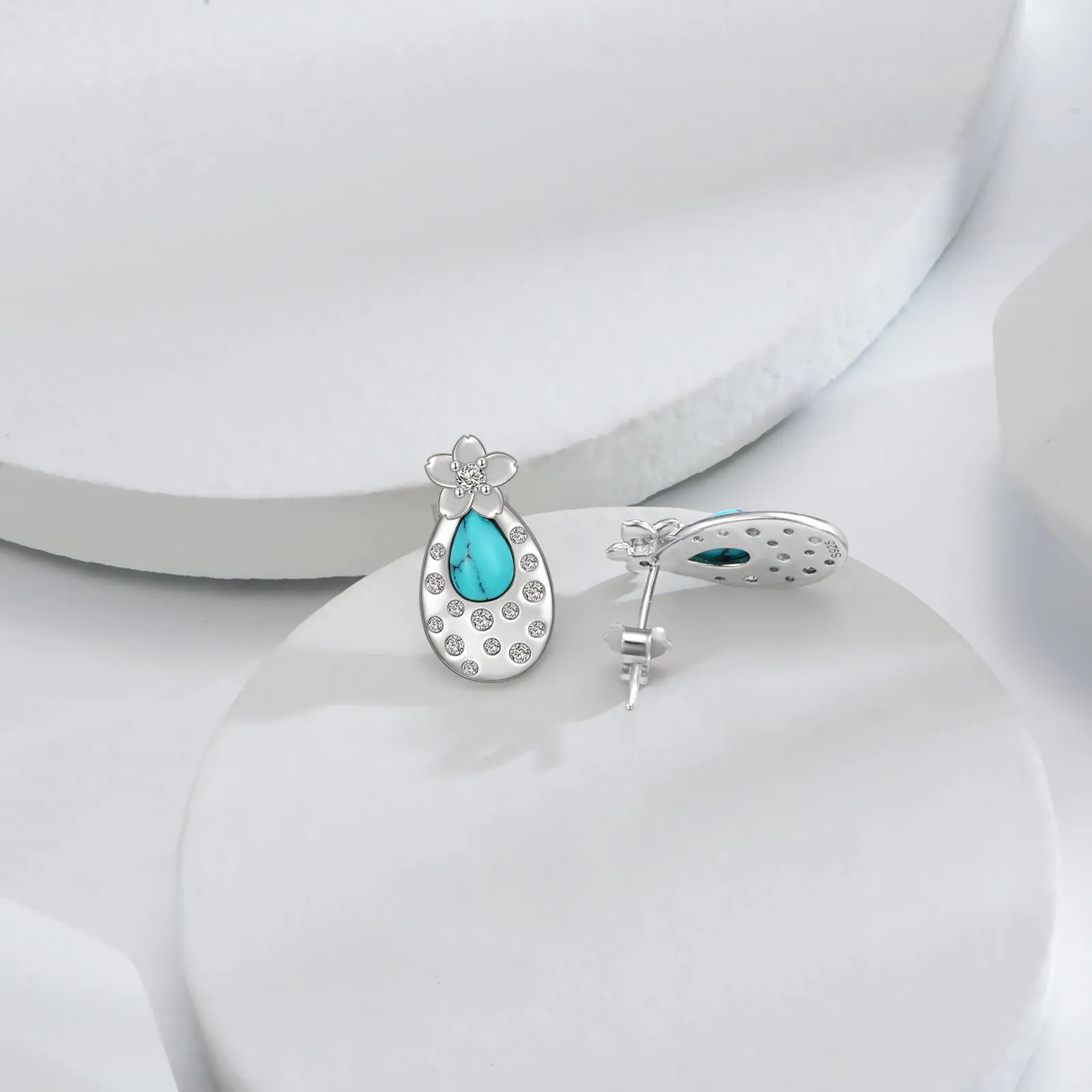 Pair of turquoise cherry blossom 925 sterling silver stud earrings with cubic zirconia, 15.8x8.5mm, white gold plated