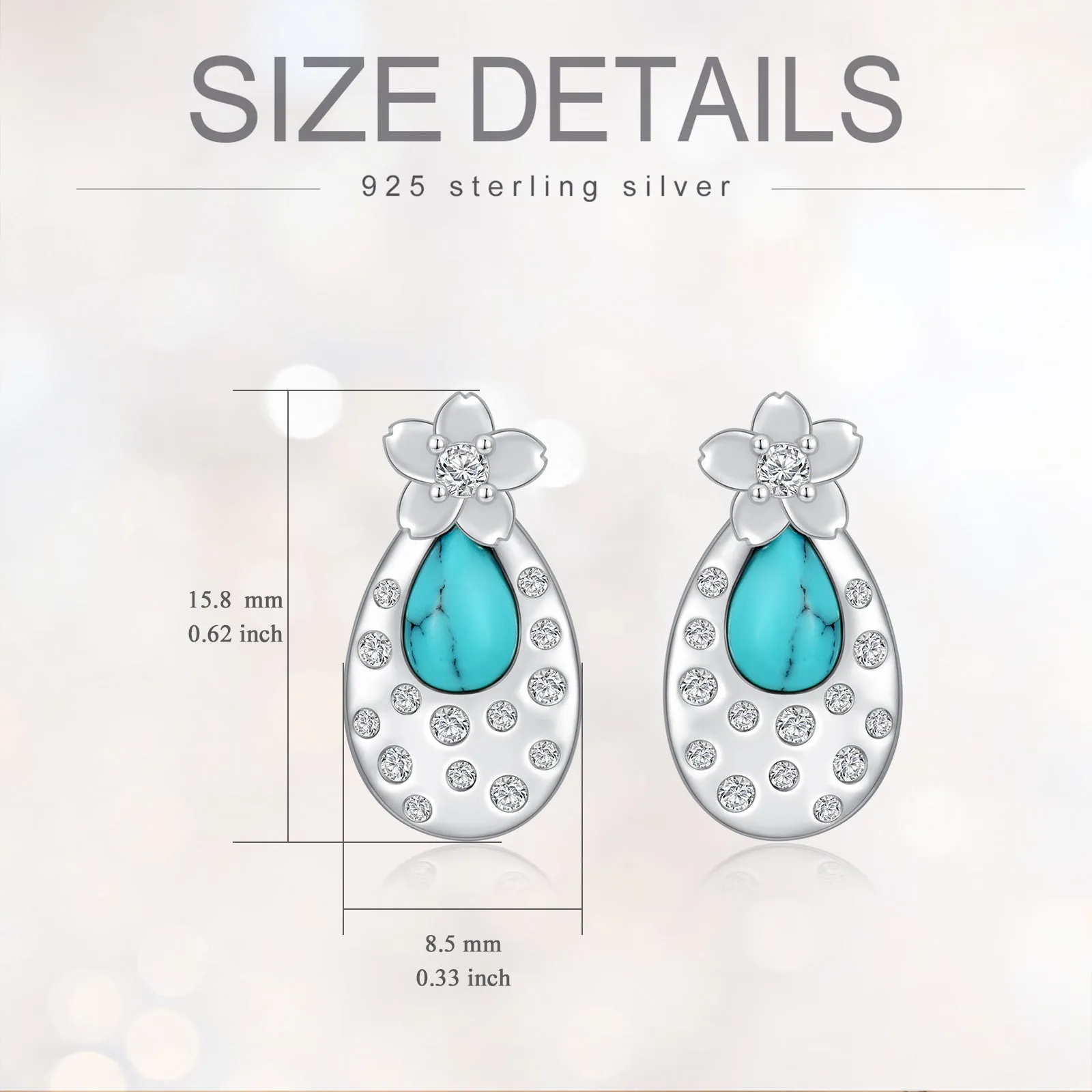 Pair of turquoise cherry blossom 925 sterling silver stud earrings with cubic zirconia, 15.8x8.5mm, white gold plated