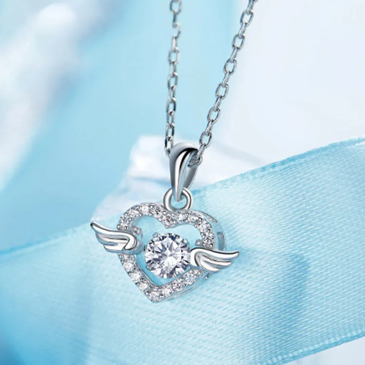 S925 sterling silver angel wings pendant necklace on model – 17mm wing charm with Swiss 4A zirconium diamond, silver colour, electroplated polished finish