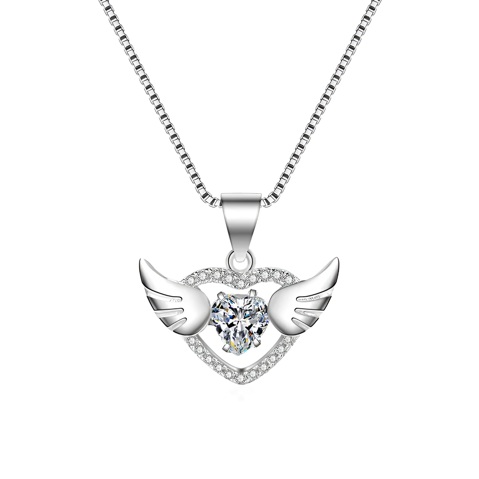 S925 sterling silver angel wings pendant necklace on model – 17mm wing charm with Swiss 4A zirconium diamond, silver colour, electroplated polished finish