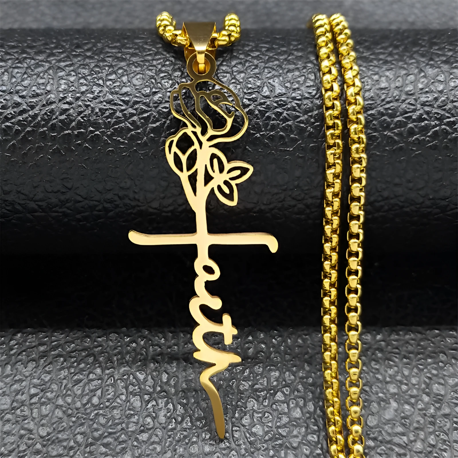 Cross rose necklace 18K gold with 925 silver pendant on stainless steel box chain 60cm length