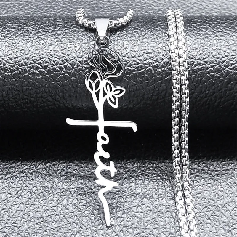 Cross rose necklace 18K gold with 925 silver pendant on stainless steel box chain 60cm length