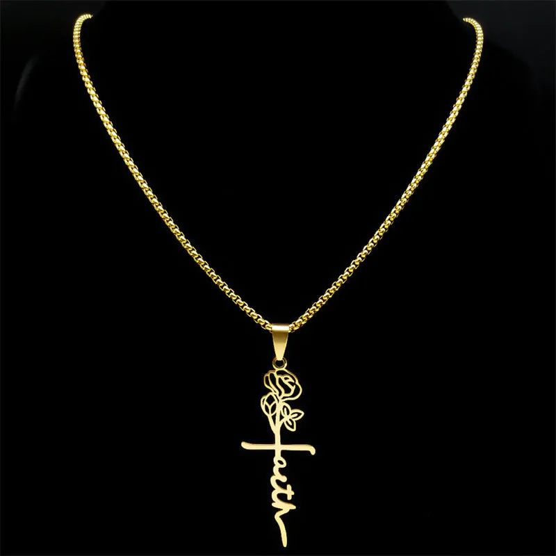 Cross rose necklace 18K gold with 925 silver pendant on stainless steel box chain 60cm length