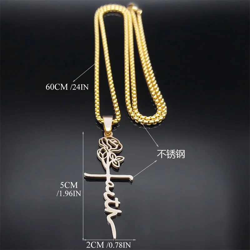 Cross rose necklace 18K gold with 925 silver pendant on stainless steel box chain 60cm length