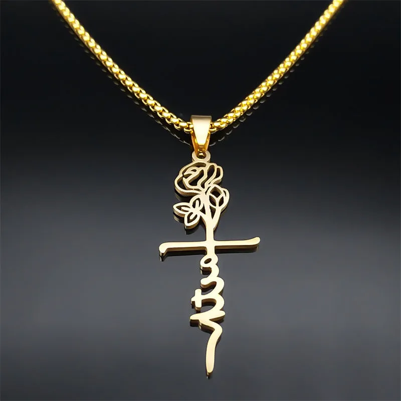 Cross rose necklace 18K gold with 925 silver pendant on stainless steel box chain 60cm length