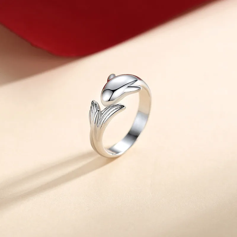 Simple diamond inlaid small fish couple ring with adjustable opening in copper electroplated finish, dolphin style