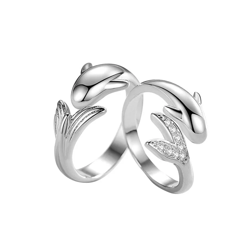 Simple diamond inlaid small fish couple ring with adjustable opening in copper electroplated finish, dolphin style