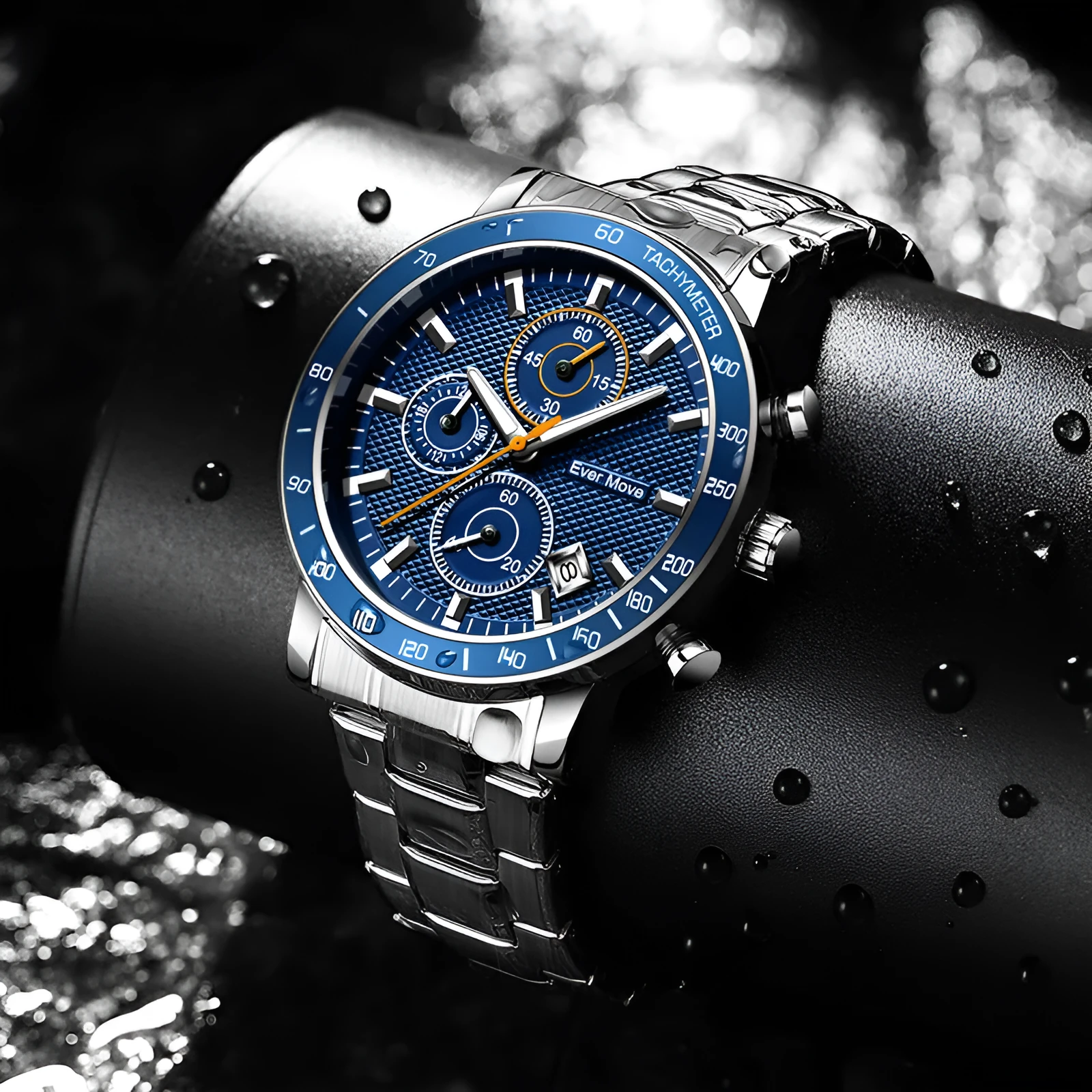 Waterproof quartz watch with steel bracelet, luminous hands, black dial, and three-pin design