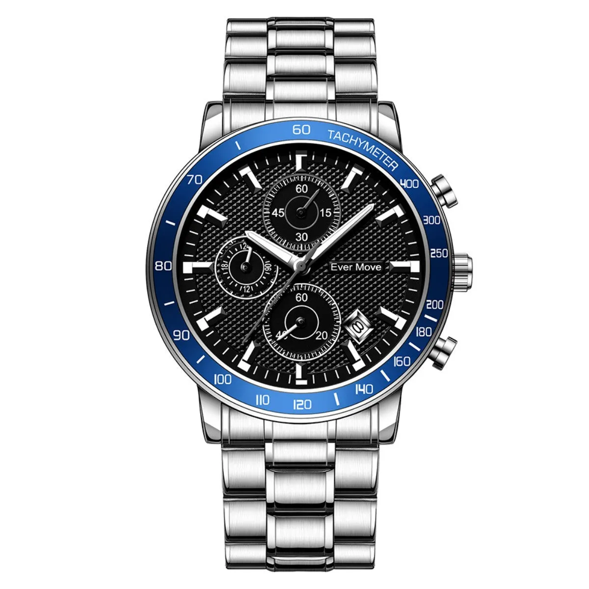 Waterproof quartz watch with steel bracelet, luminous hands, black dial, and three-pin design