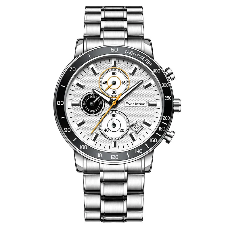 Waterproof quartz watch with steel bracelet, luminous hands, black dial, and three-pin design