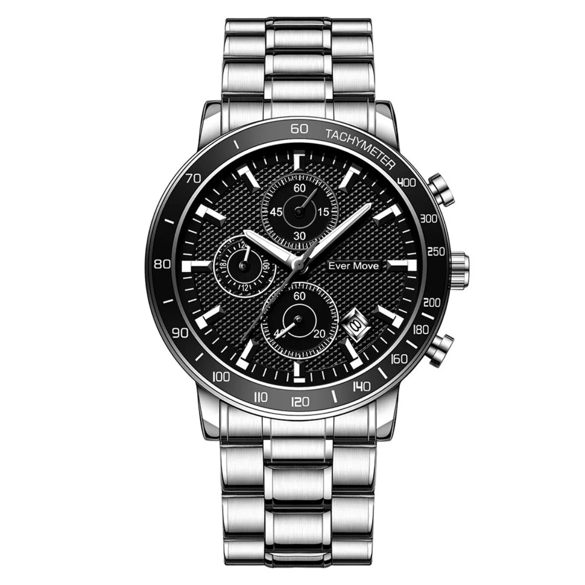 Waterproof quartz watch with steel bracelet, luminous hands, black dial, and three-pin design