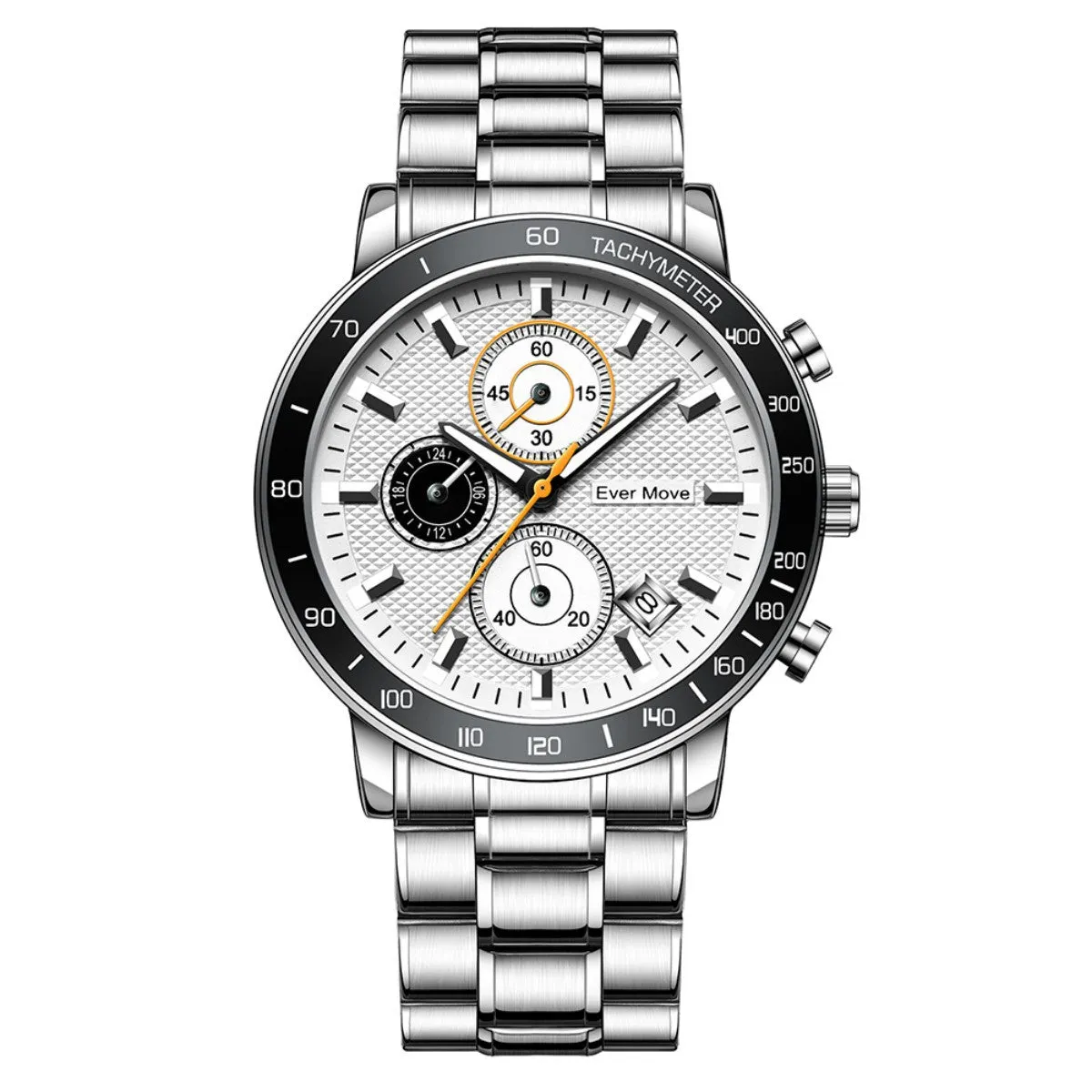 Waterproof quartz watch with steel bracelet, luminous hands, black dial, and three-pin design