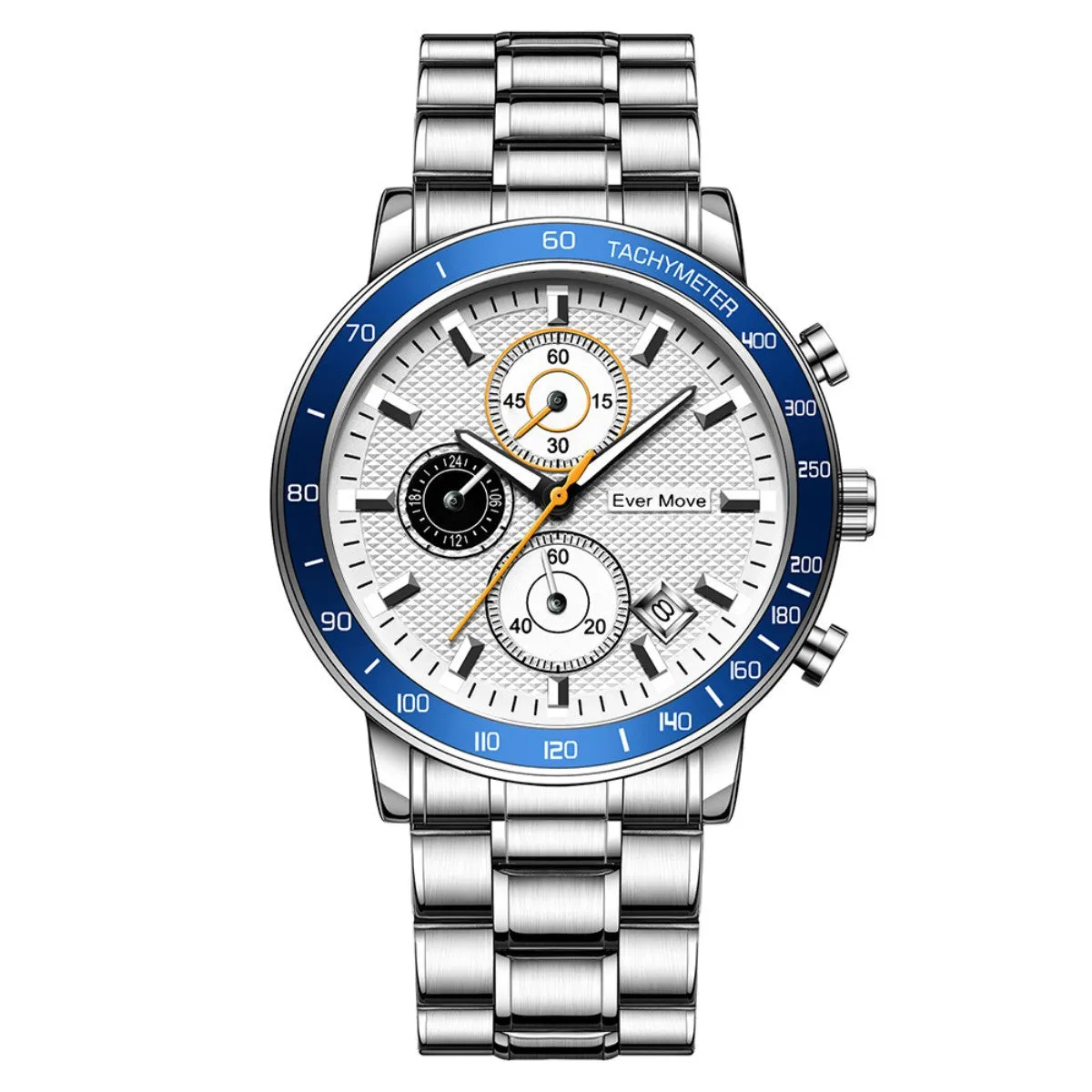 Waterproof quartz watch with steel bracelet, luminous hands, black dial, and three-pin design