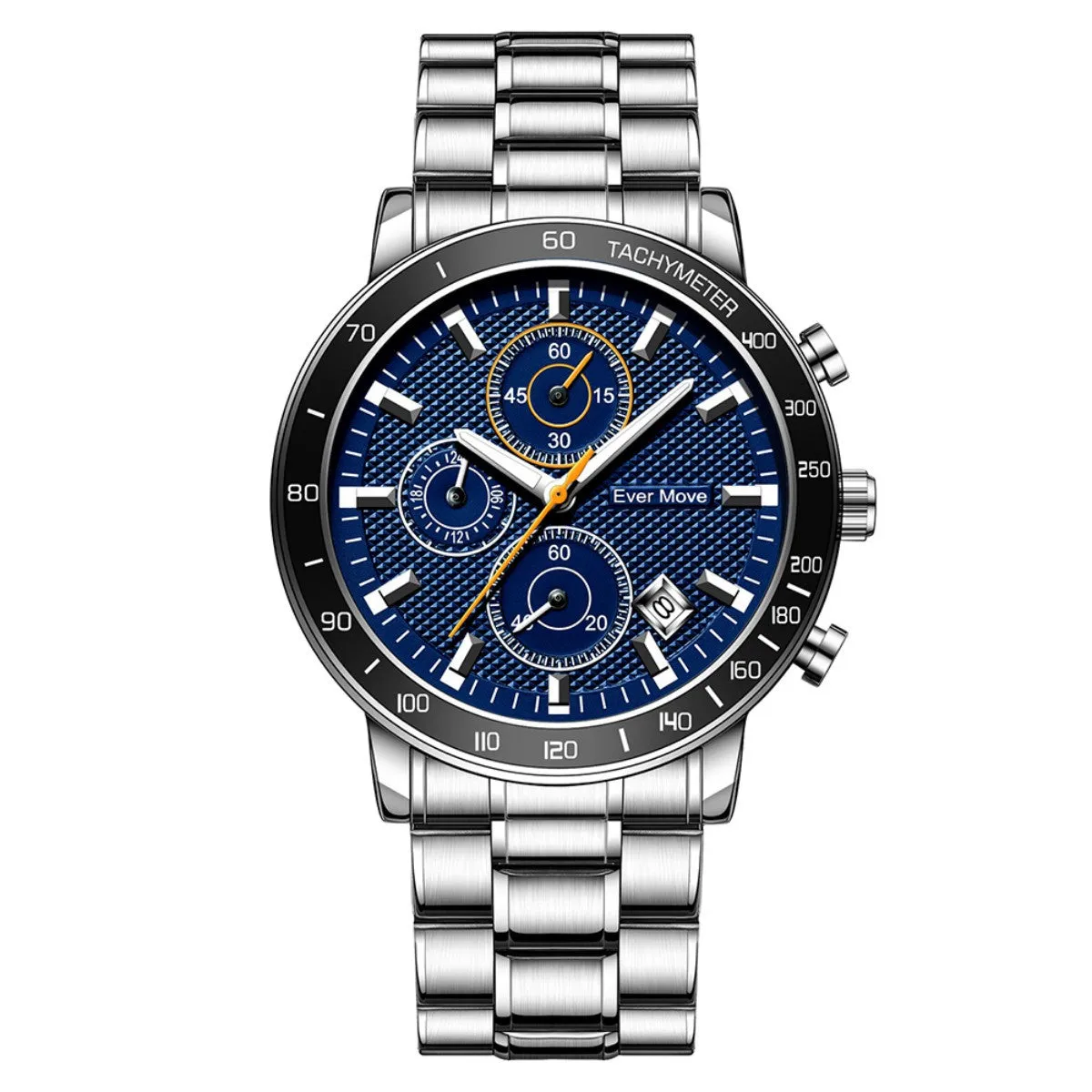 Waterproof quartz watch with steel bracelet, luminous hands, black dial, and three-pin design