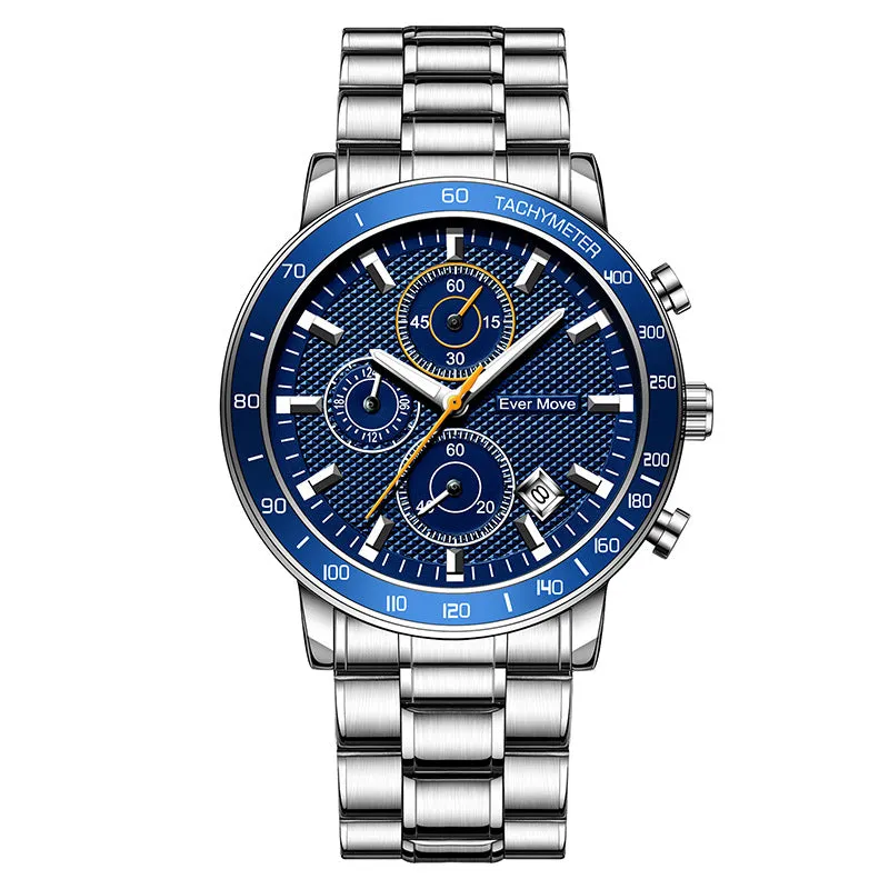 Waterproof quartz watch with steel bracelet, luminous hands, black dial, and three-pin design
