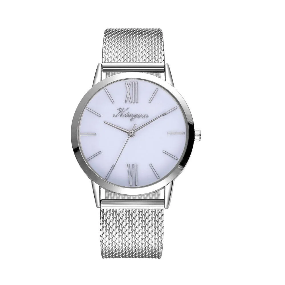 Ladies casual quartz watch with 40mm round dial, plastic strap, and alloy case on white background