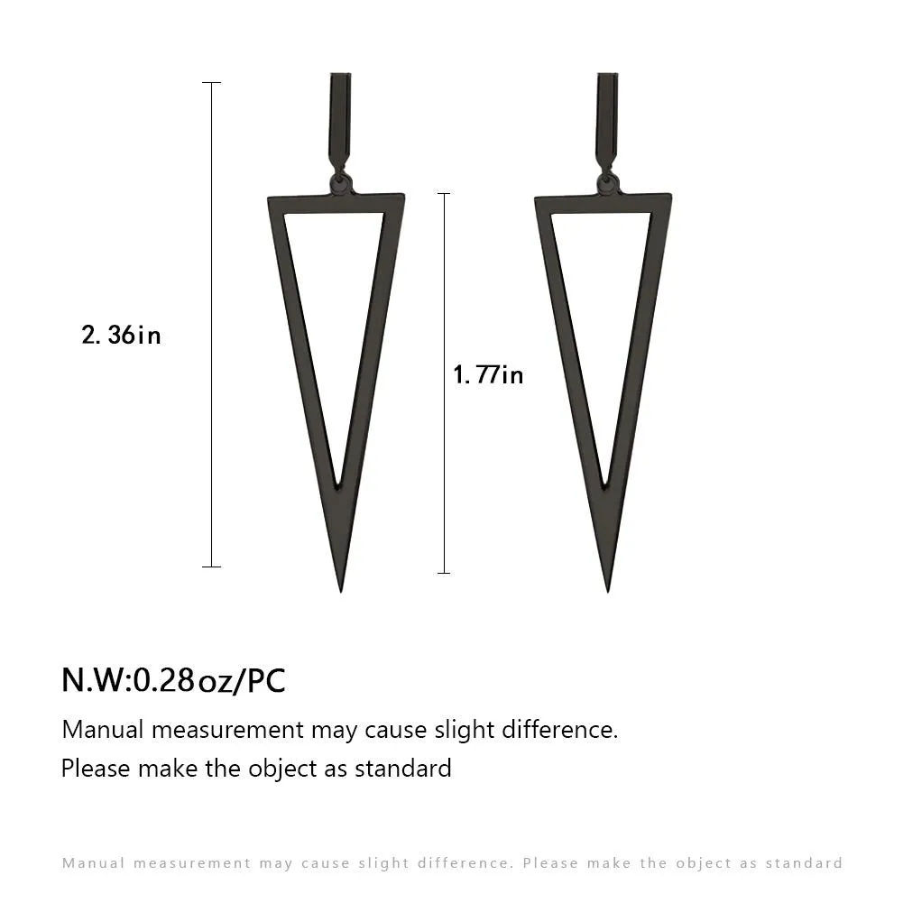 Black metal triangle earrings with electroplated finish on a plain background