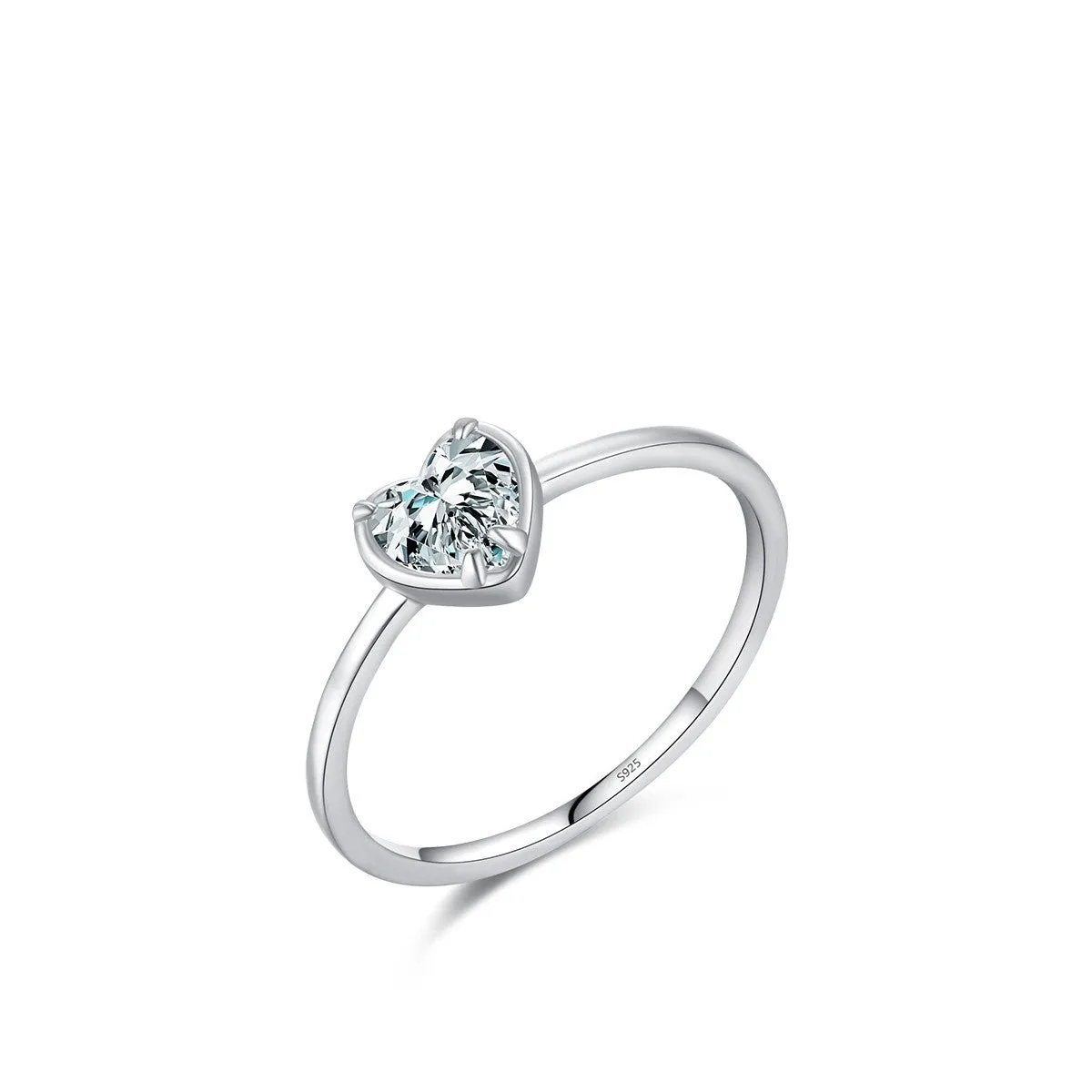 S925 sterling silver heart-shaped engagement ring with clear zircon inlay, US size 7, silver finish