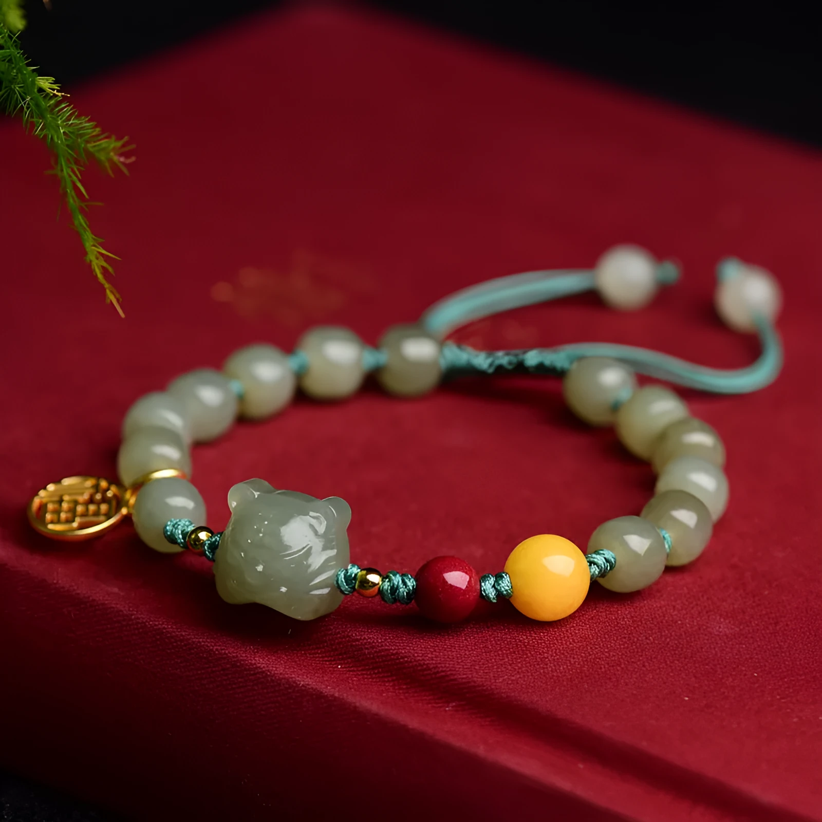 Natural Hetian jade bracelet with red cinnabar and amber beeswax beads, animal zodiac design