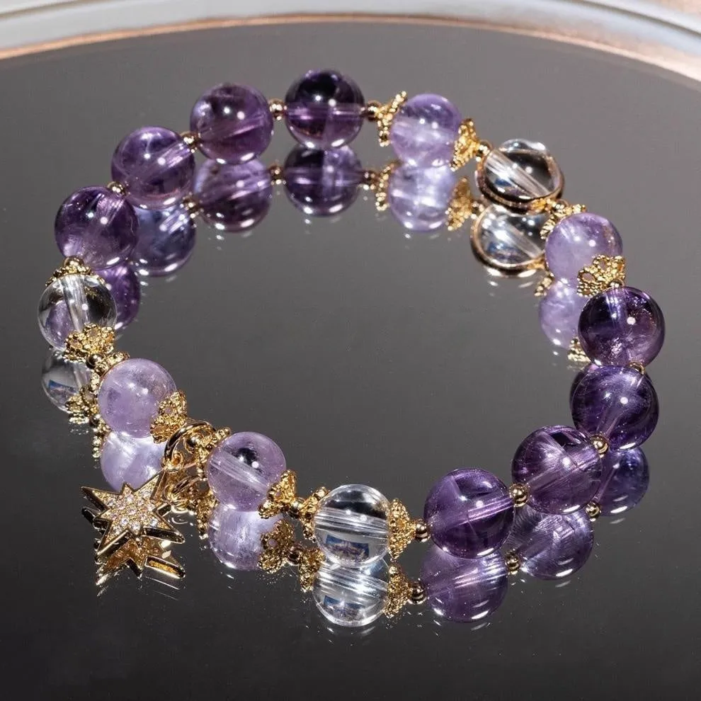 Eight awn star purple artificial crystal bracelet with animal zodiac design in gift box presentation