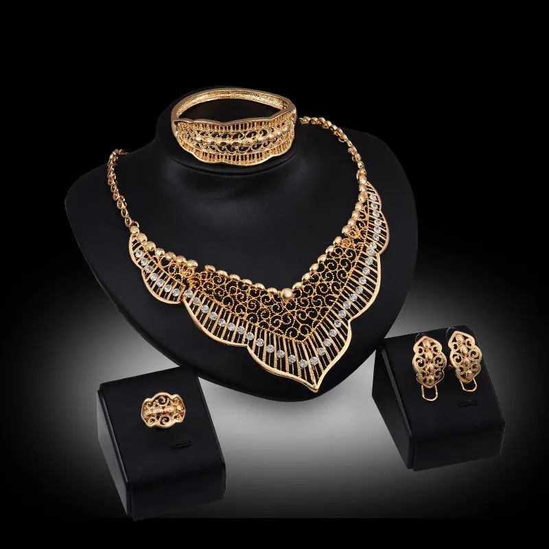 Gold alloy necklace and earrings set with diamond-cut round bead chain and pendant