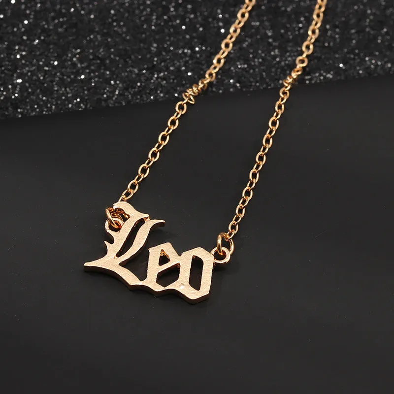 Collier Zodiac Old English alloy pendant necklace with engraved astrology sign symbol