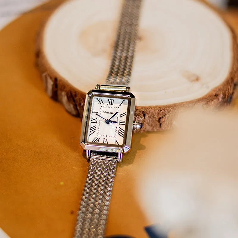 Rectangular Milan mesh strap women's watch in silver with steel band and 30m water resistance