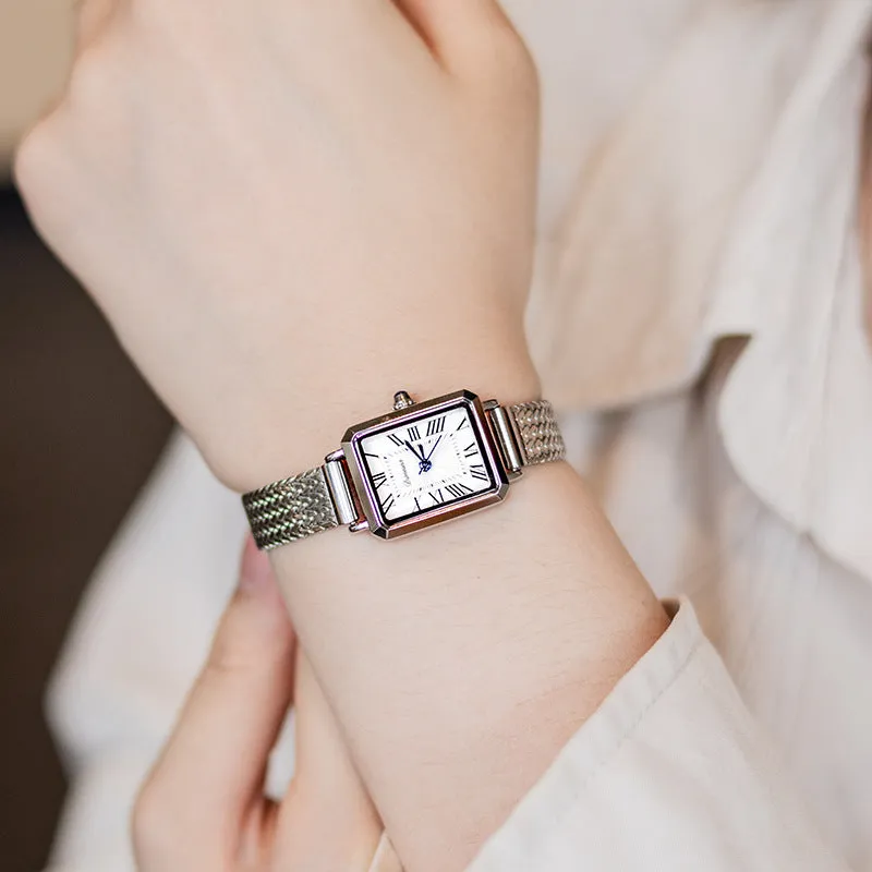 Rectangular Milan mesh strap women's watch in silver with steel band and 30m water resistance