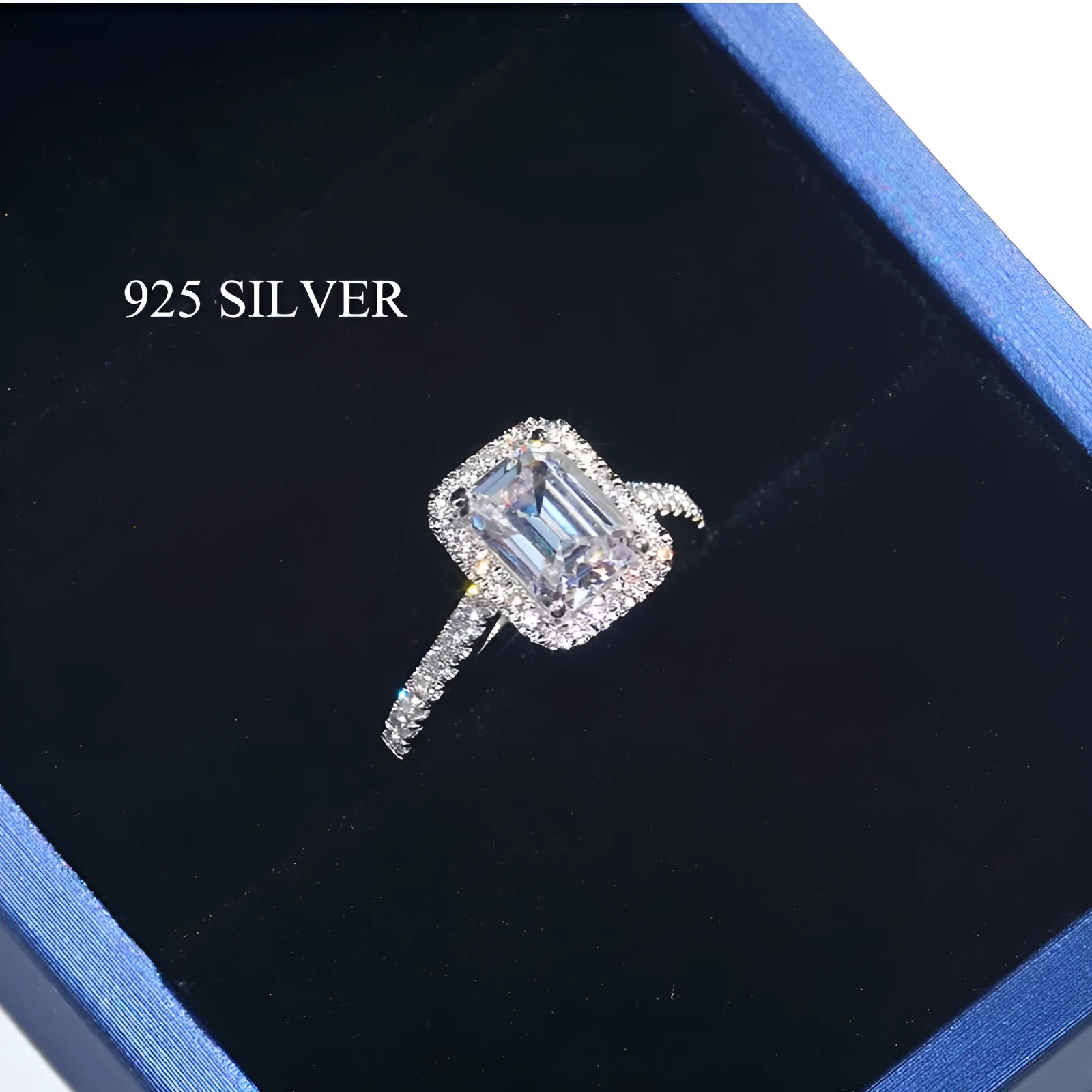 Silver rectangle princess ring with 3.5 carat emulation diamond on geometric band