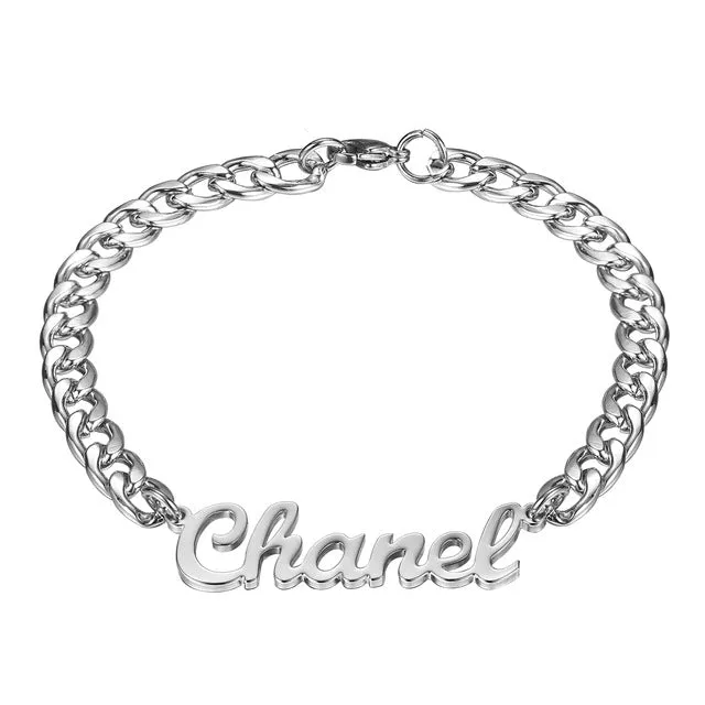 Custom stainless steel name bracelet in gold with engraved text, 15+5cm length, unisex style