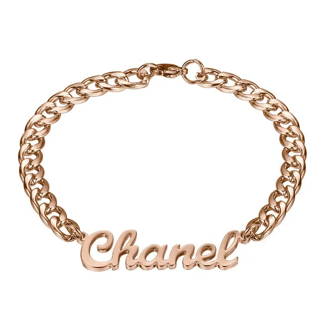 Custom stainless steel name bracelet in gold with engraved text, 15+5cm length, unisex style