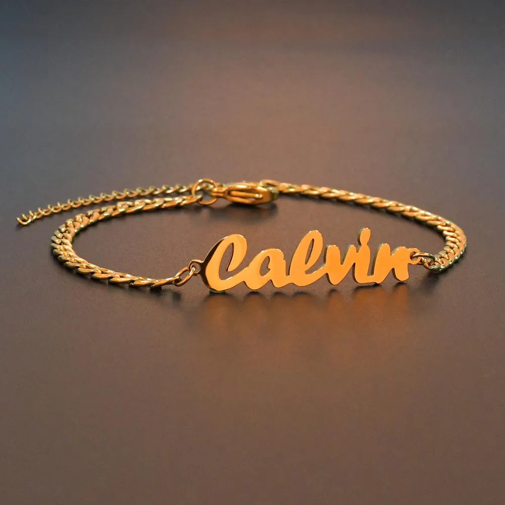 Custom stainless steel name bracelet in gold with engraved text, 15+5cm length, unisex style