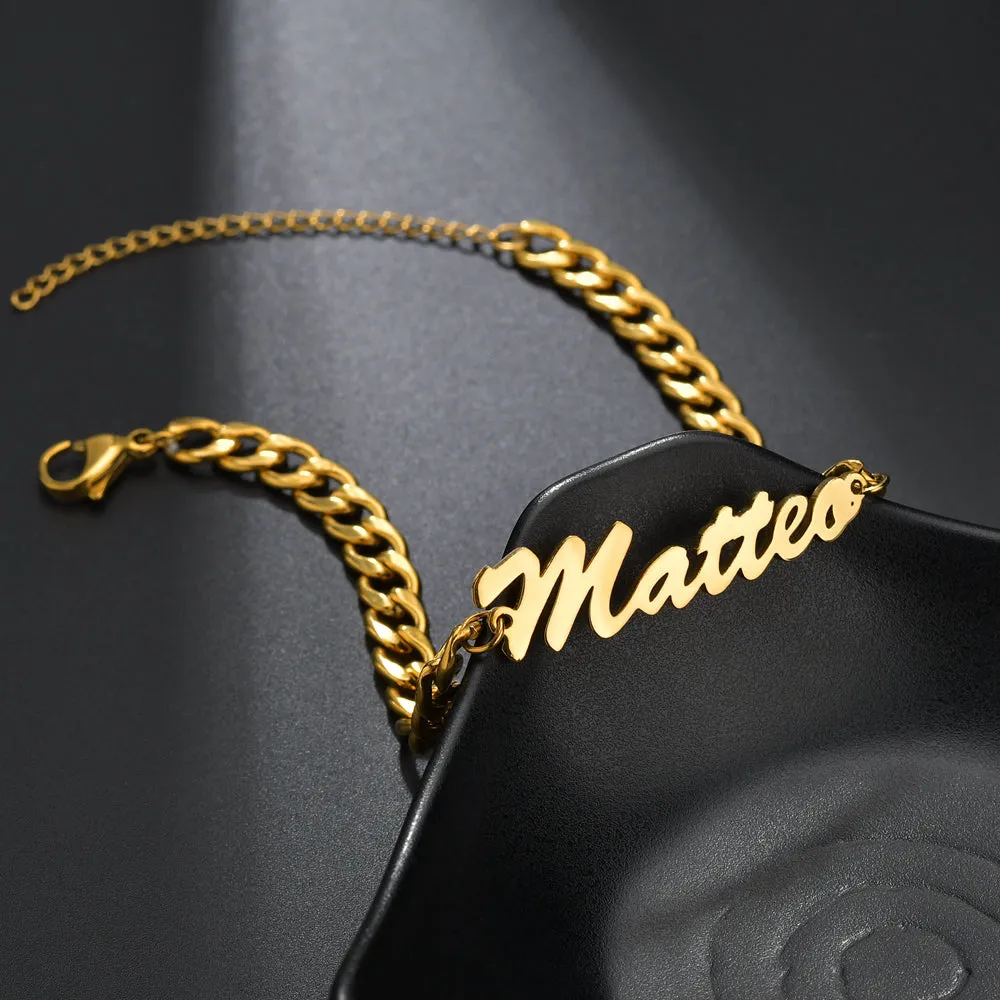 Custom stainless steel name bracelet in gold with engraved text, 15+5cm length, unisex style