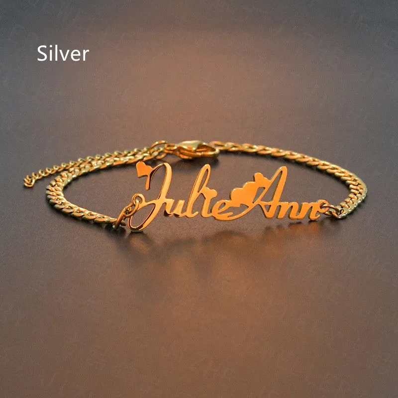 Custom stainless steel name bracelet in gold with engraved text, 15+5cm length, unisex style