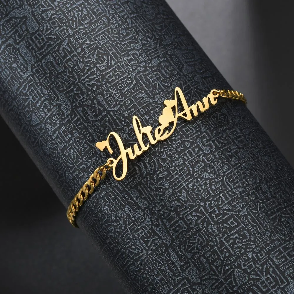 Custom stainless steel name bracelet in gold with engraved text, 15+5cm length, unisex style
