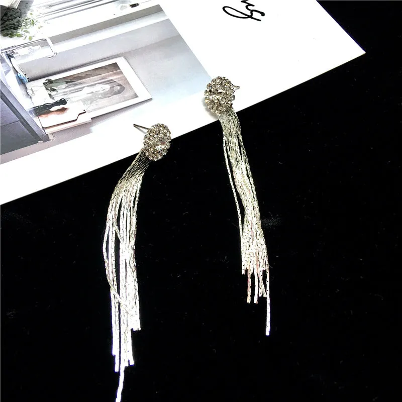 Silver crystal tassel drop earrings for women, metal plated Korean style jewellery