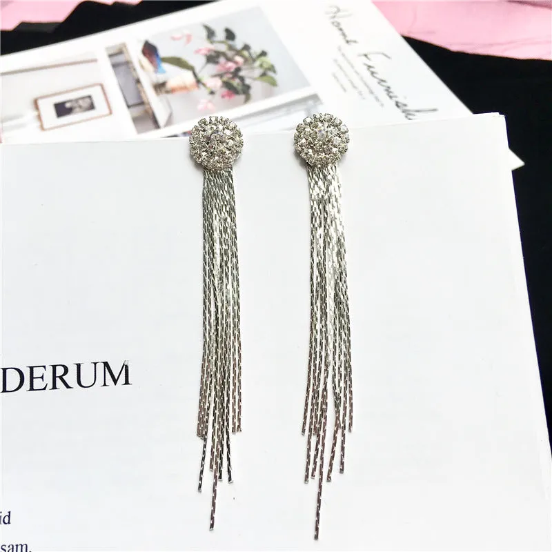 Silver crystal tassel drop earrings for women, metal plated Korean style jewellery
