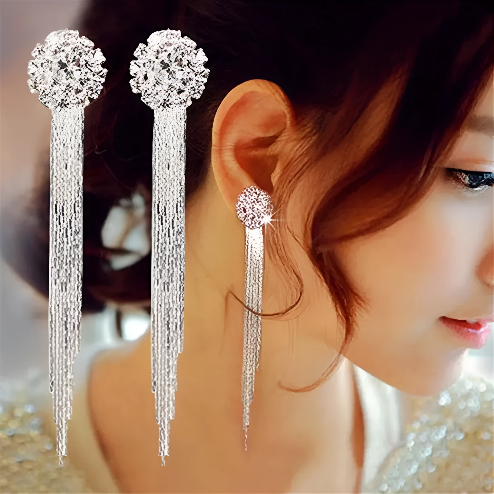 Silver crystal tassel drop earrings for women, metal plated Korean style jewellery