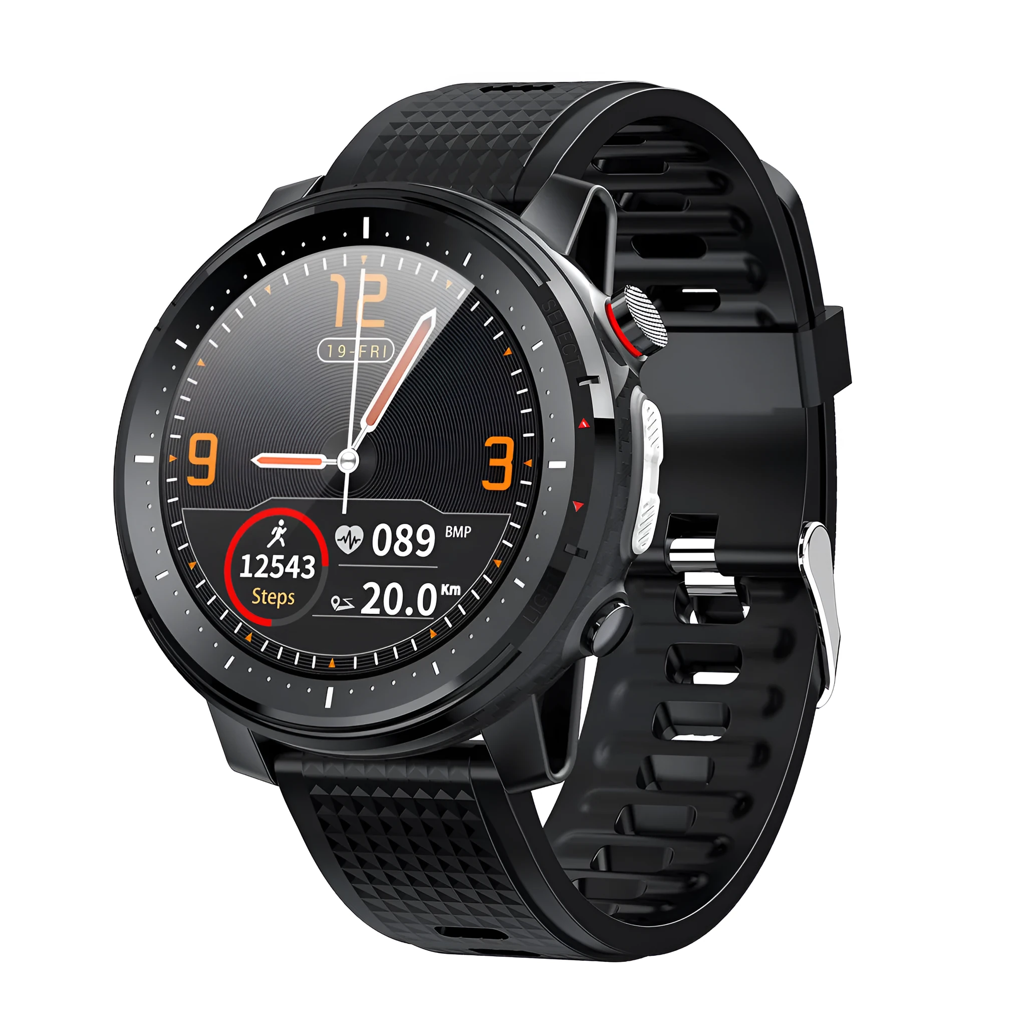 Smart bracelet watch with 1.3 inch screen alloy case and black strap on wrist