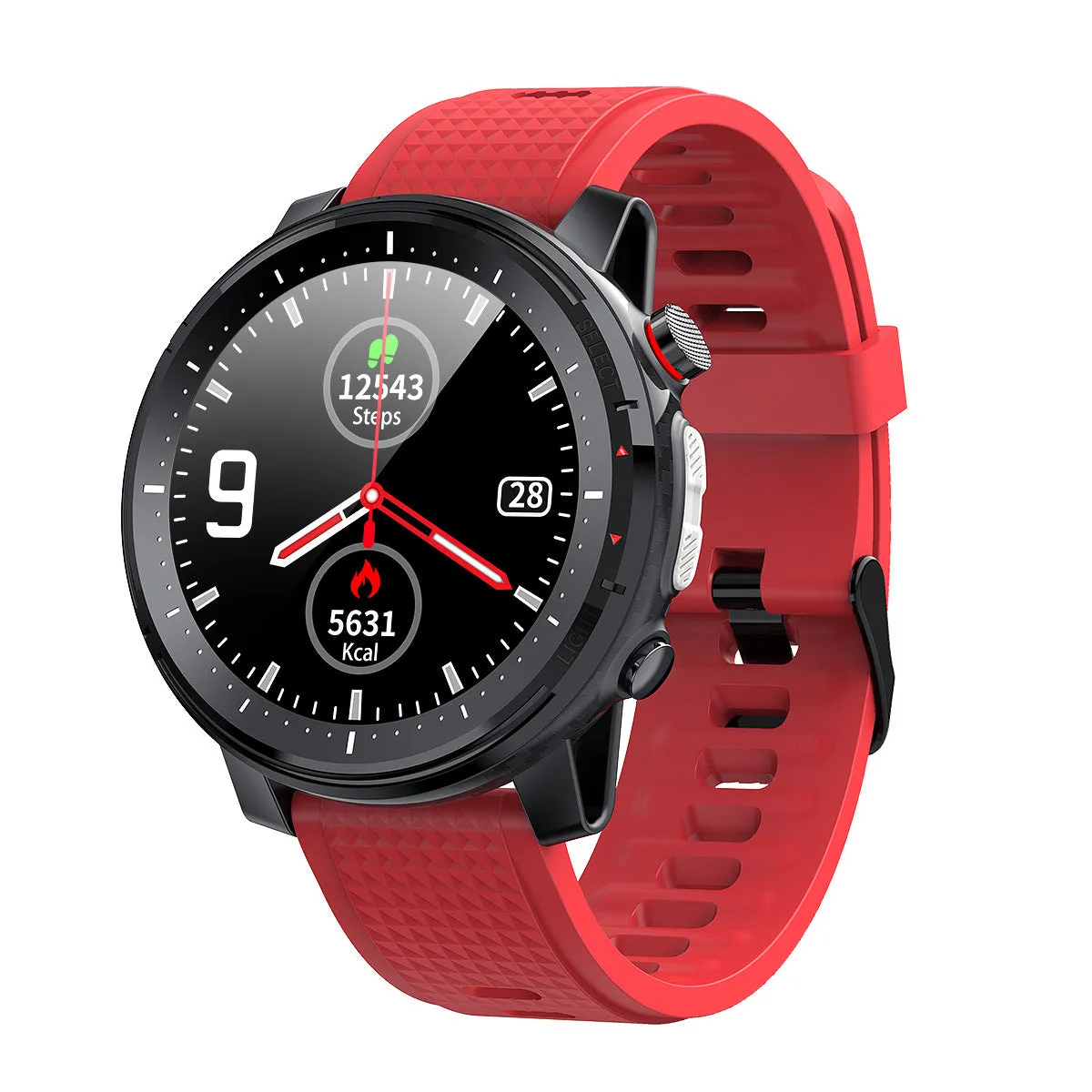 Smart bracelet watch with 1.3 inch screen alloy case and black strap on wrist