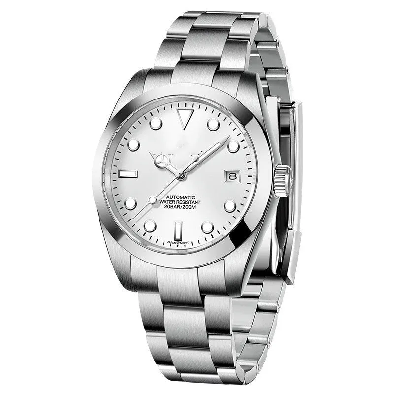 Men's automatic mechanical watch with 200m water resistance on stainless steel strap showing black dial with luminous hands and date window