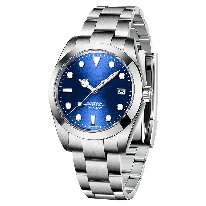 Men's automatic mechanical watch with 200m water resistance on stainless steel strap showing black dial with luminous hands and date window