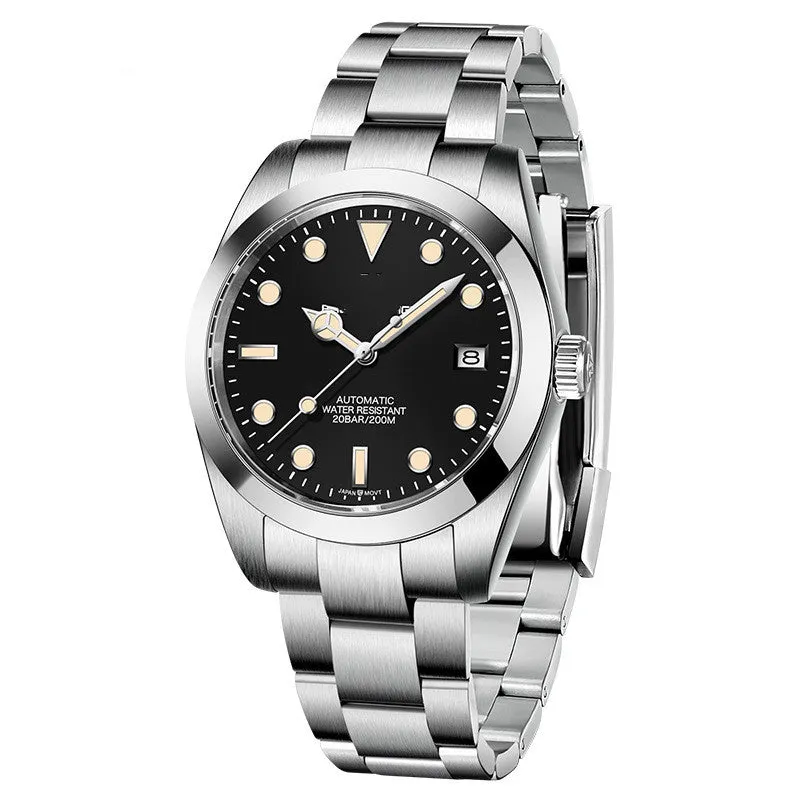 Men's automatic mechanical watch with 200m water resistance on stainless steel strap showing black dial with luminous hands and date window