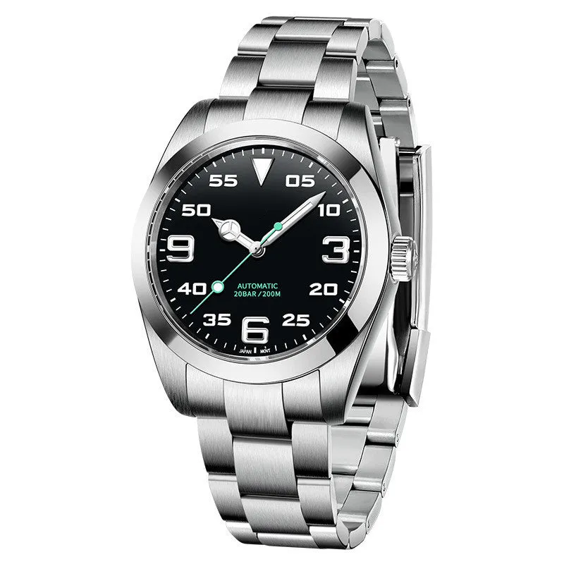 Men's automatic mechanical watch with 200m water resistance on stainless steel strap showing black dial with luminous hands and date window