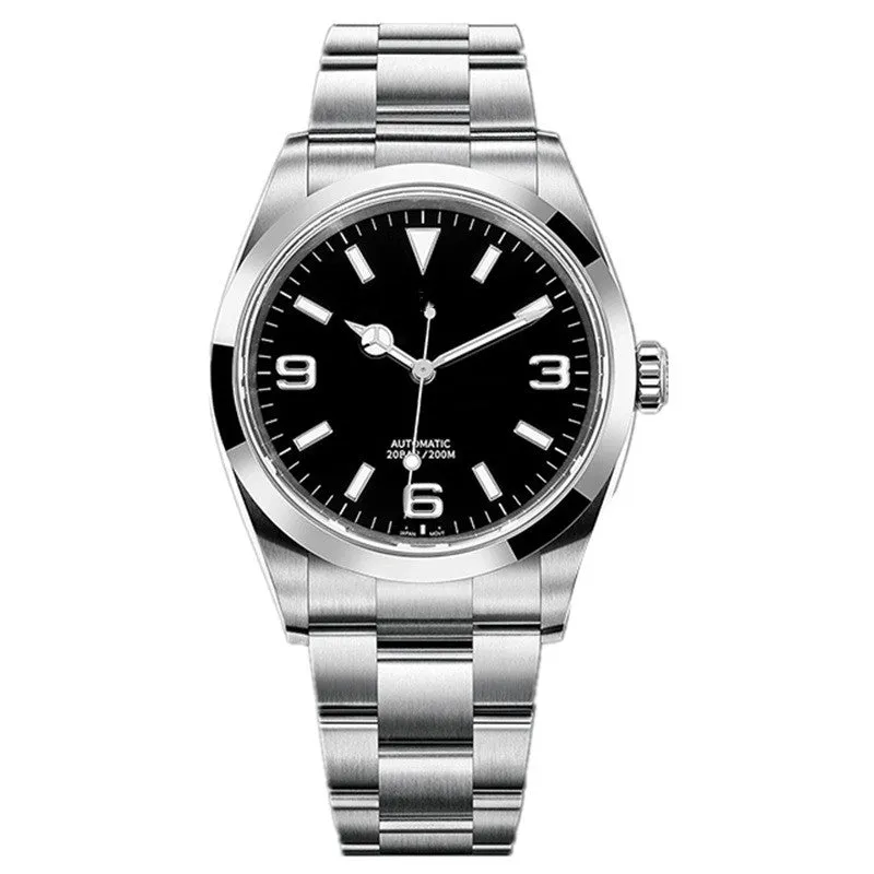 Men's automatic mechanical watch with 200m water resistance on stainless steel strap showing black dial with luminous hands and date window