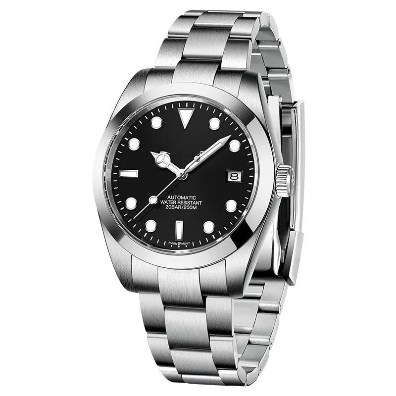 Men's automatic mechanical watch with 200m water resistance on stainless steel strap showing black dial with luminous hands and date window
