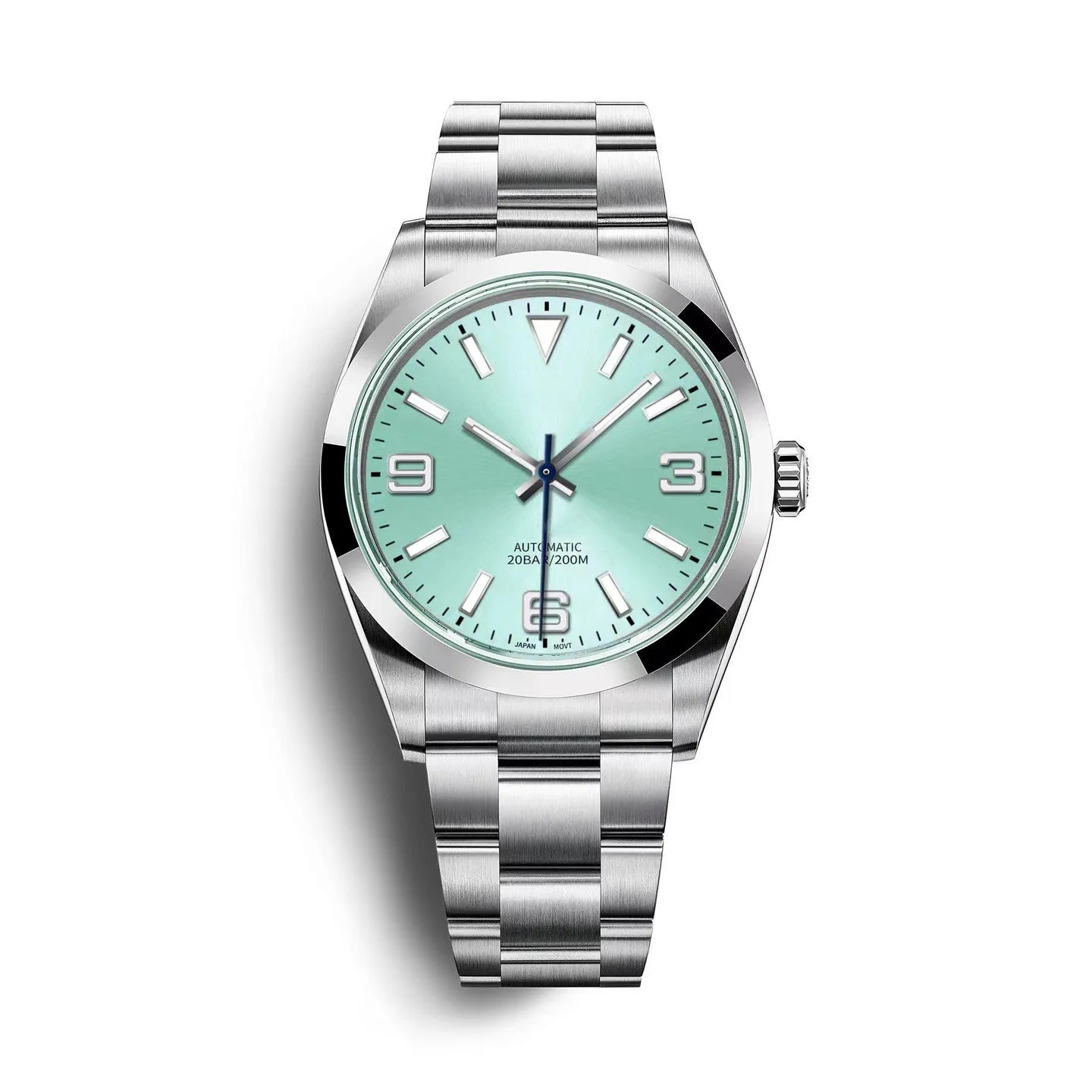 Men's automatic mechanical watch with 200m water resistance on stainless steel strap showing black dial with luminous hands and date window