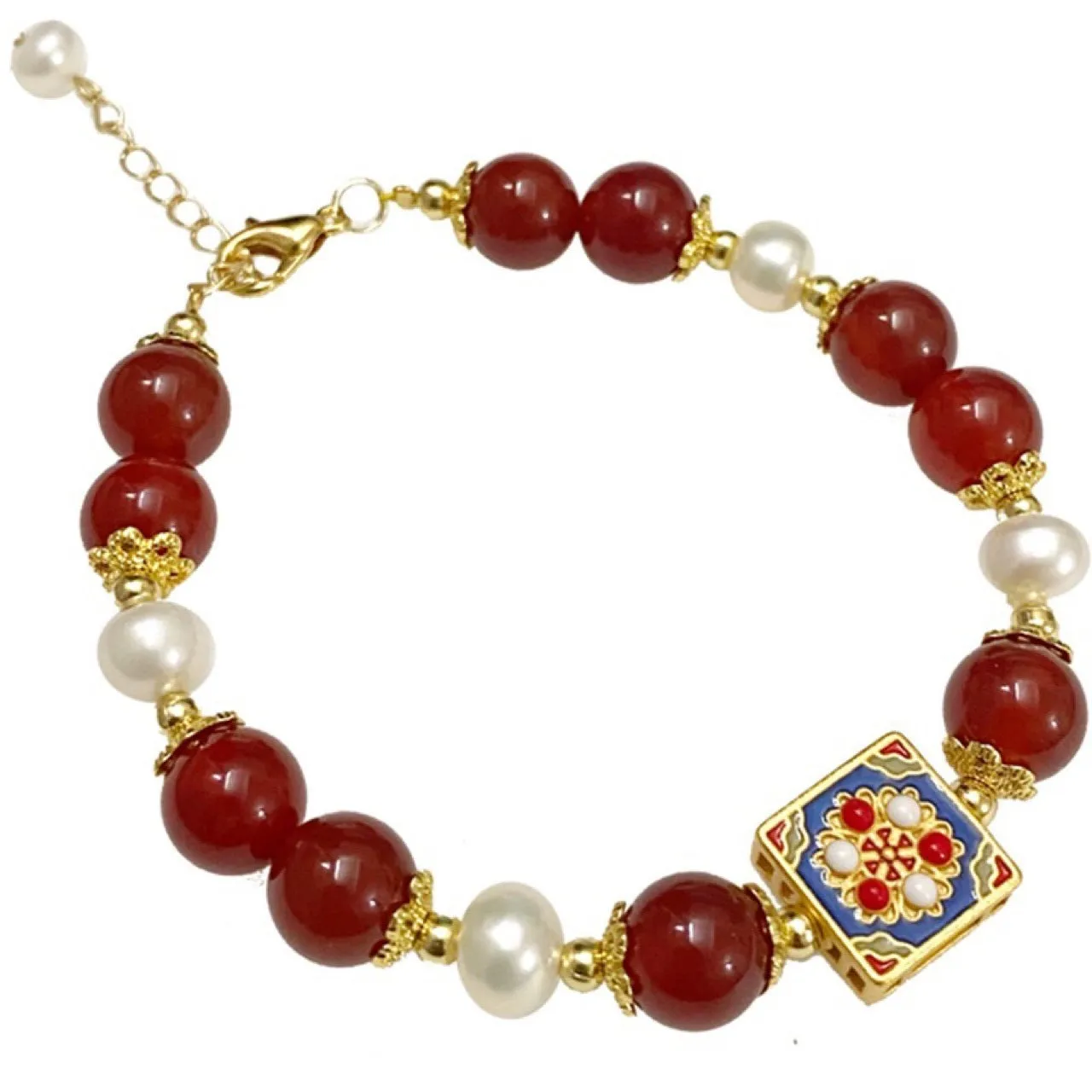 Women's pearl and red agate bracelet with constellation design, adjustable 14-17cm sizing