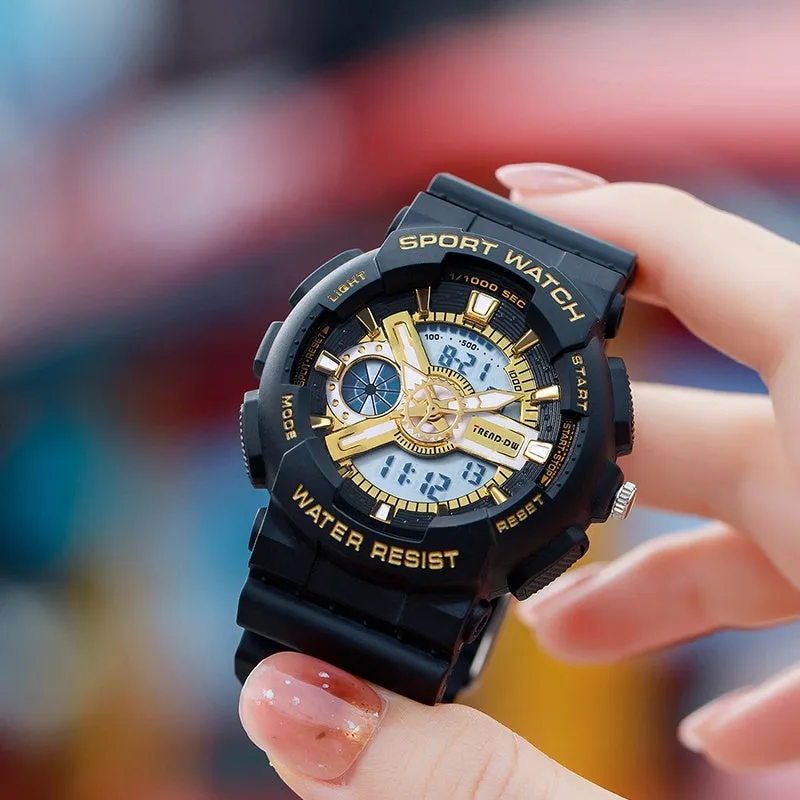 Children's electronic watch with large digital dial and rubber strap in black and silver