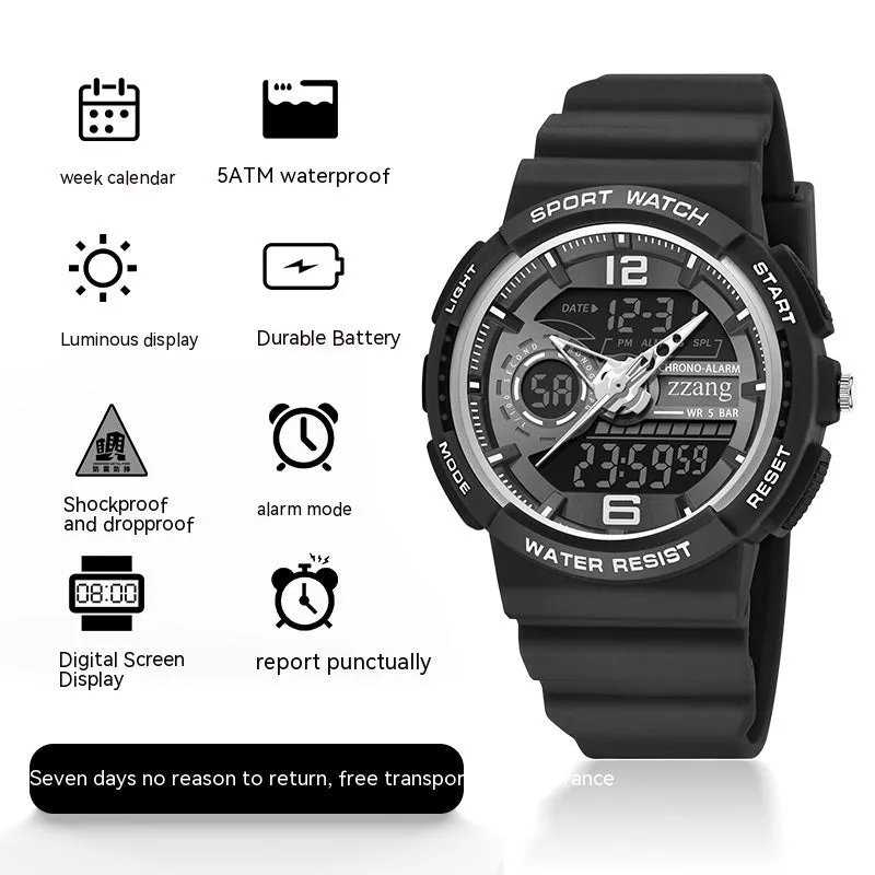 Children's electronic watch with large digital dial and rubber strap in black and silver